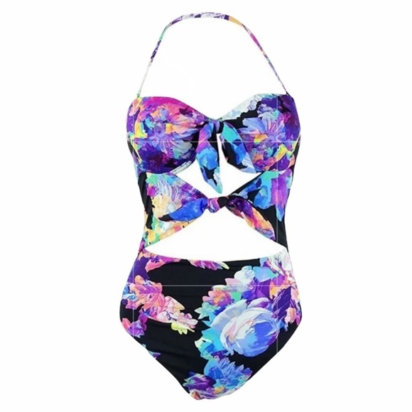 Bar III Tech Floral Printed Tie Front Swimsuit - Picture 5 of 9